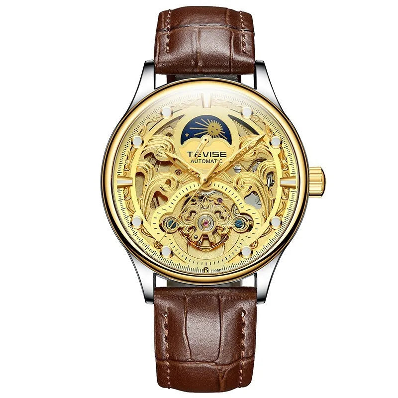 Men's waterproof automatic mechanical watch with leather strap in business style