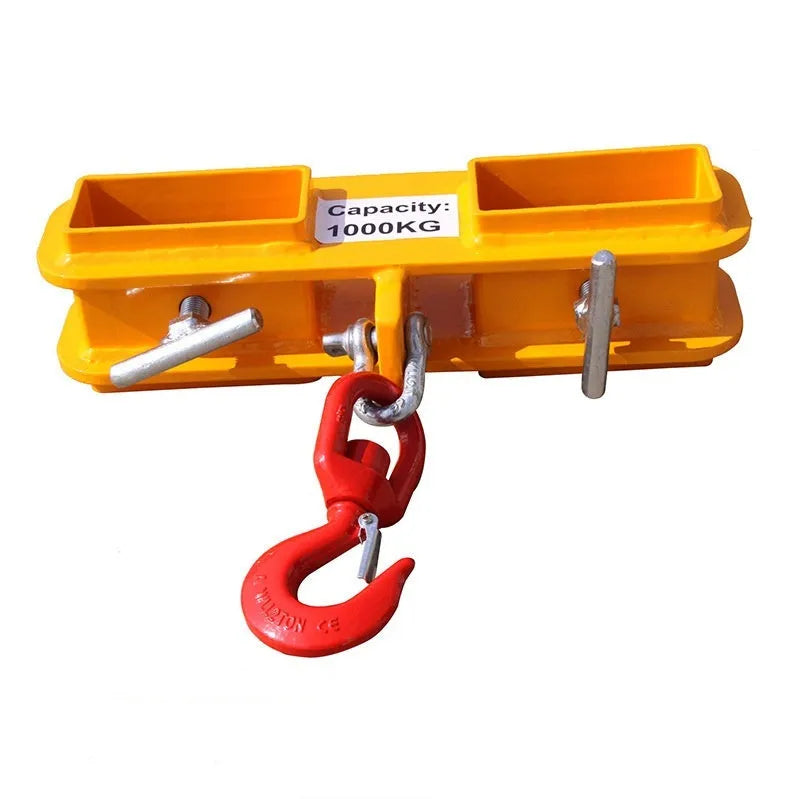 Iron forklift crane hook with rotatable drum and safety locking mechanism mounted on forklift forks.