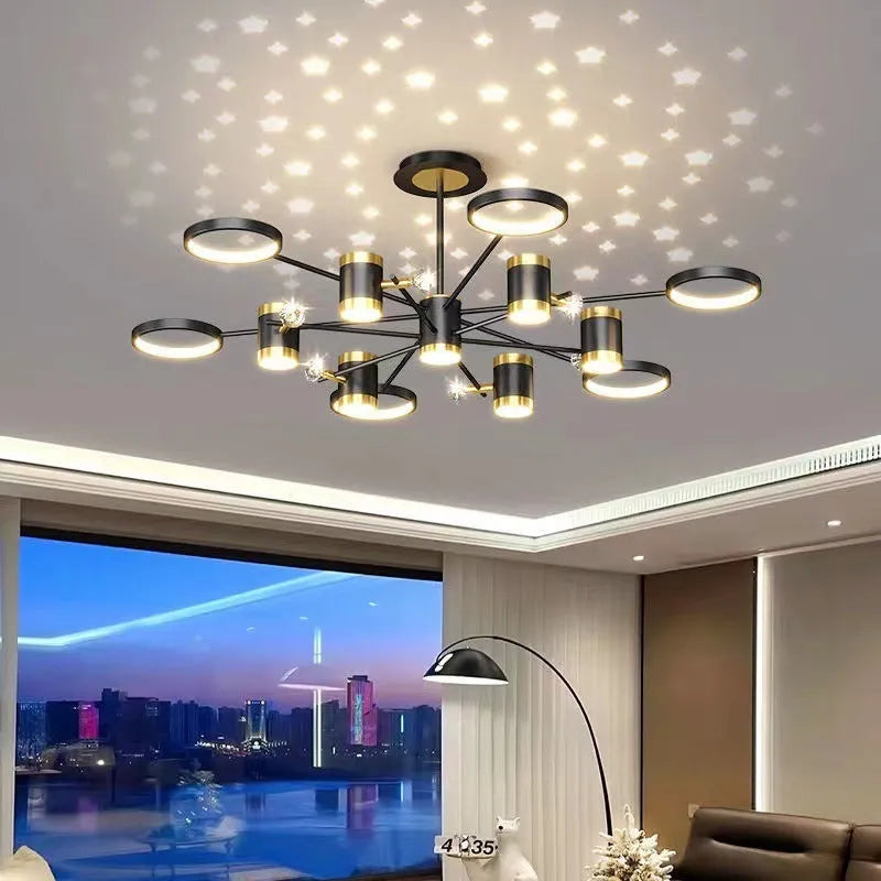 Black iron pendant chandelier with 13 light heads and an adjustable suspension cord.