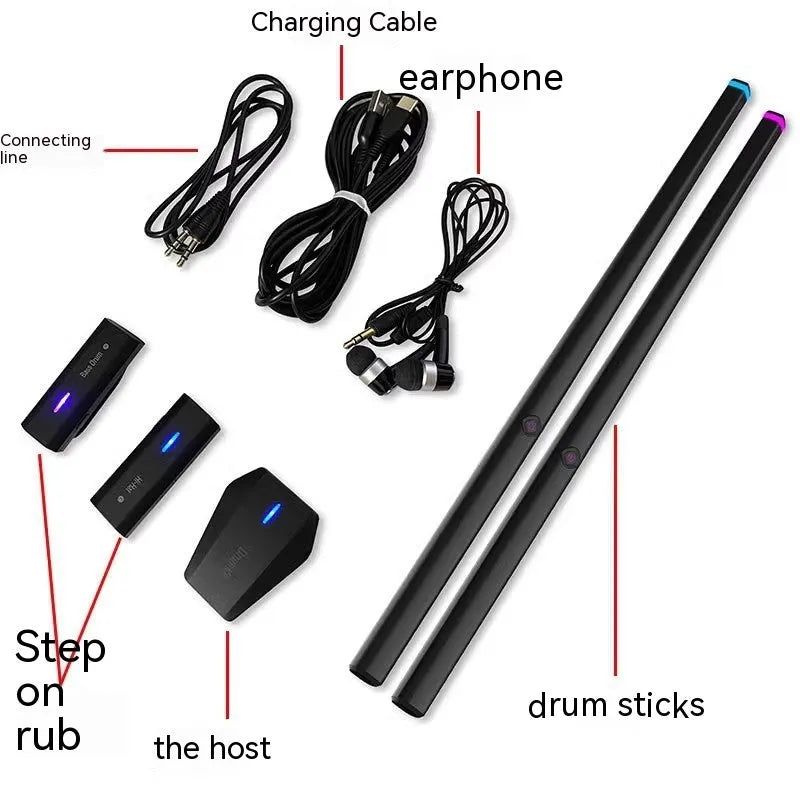 Black wireless air drum kit with two drumsticks and LED lighting indicators