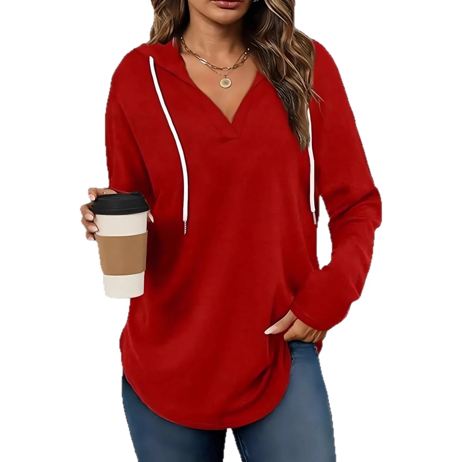 Red women's hooded V-neck sweatshirt with long sleeves on a hanger.