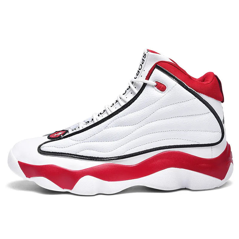 Men's high-top basketball shoes with mesh upper and thick rubber sole in AJ13 colour options