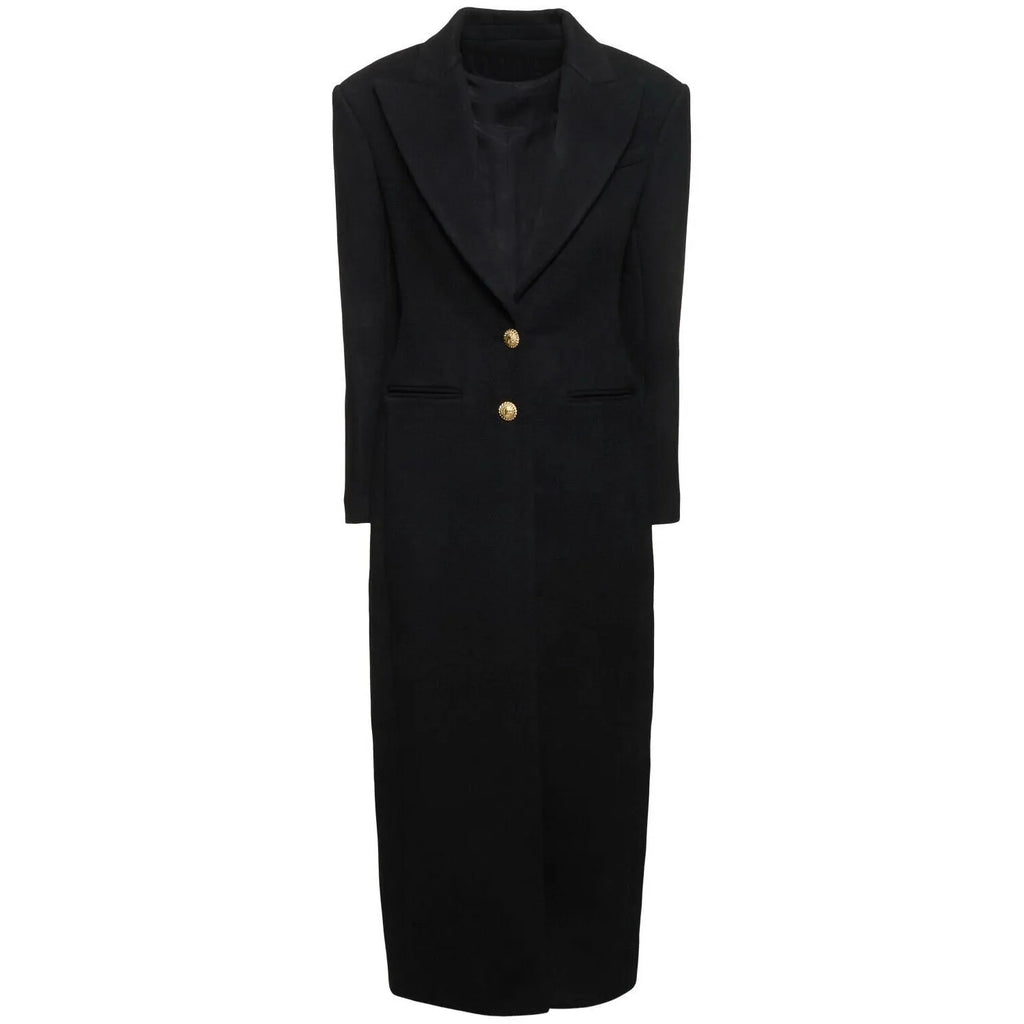 Women's slim-fit two-button extended coat in black imitation cashmere blend, front view on hanger