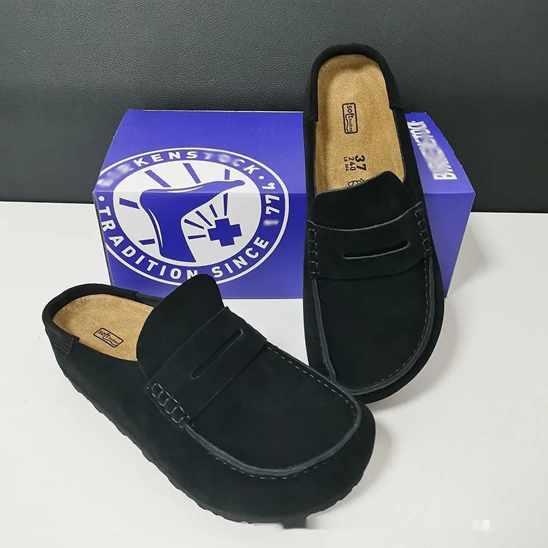 Cowhide retro closed toe half slippers mule platform casual shoes with manual stitching in black suede, gray green, and mud colours
