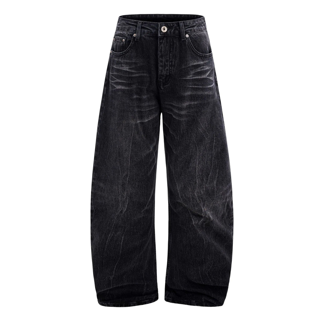 Men's black straight-leg jeans with a lightning crack wash pattern on cotton denim.