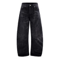 Men's black straight-leg jeans with a lightning crack wash pattern on cotton denim.