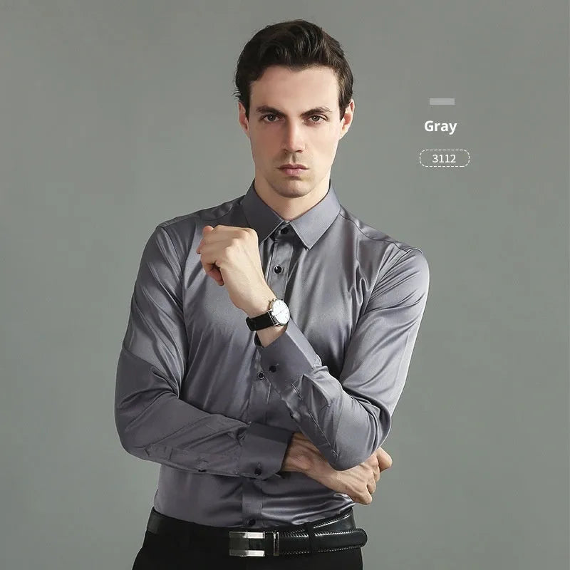 Casual four-way stretch long sleeve shirt in solid colour, slim fit cardigan style with 60 count synthetic fibre fabric
