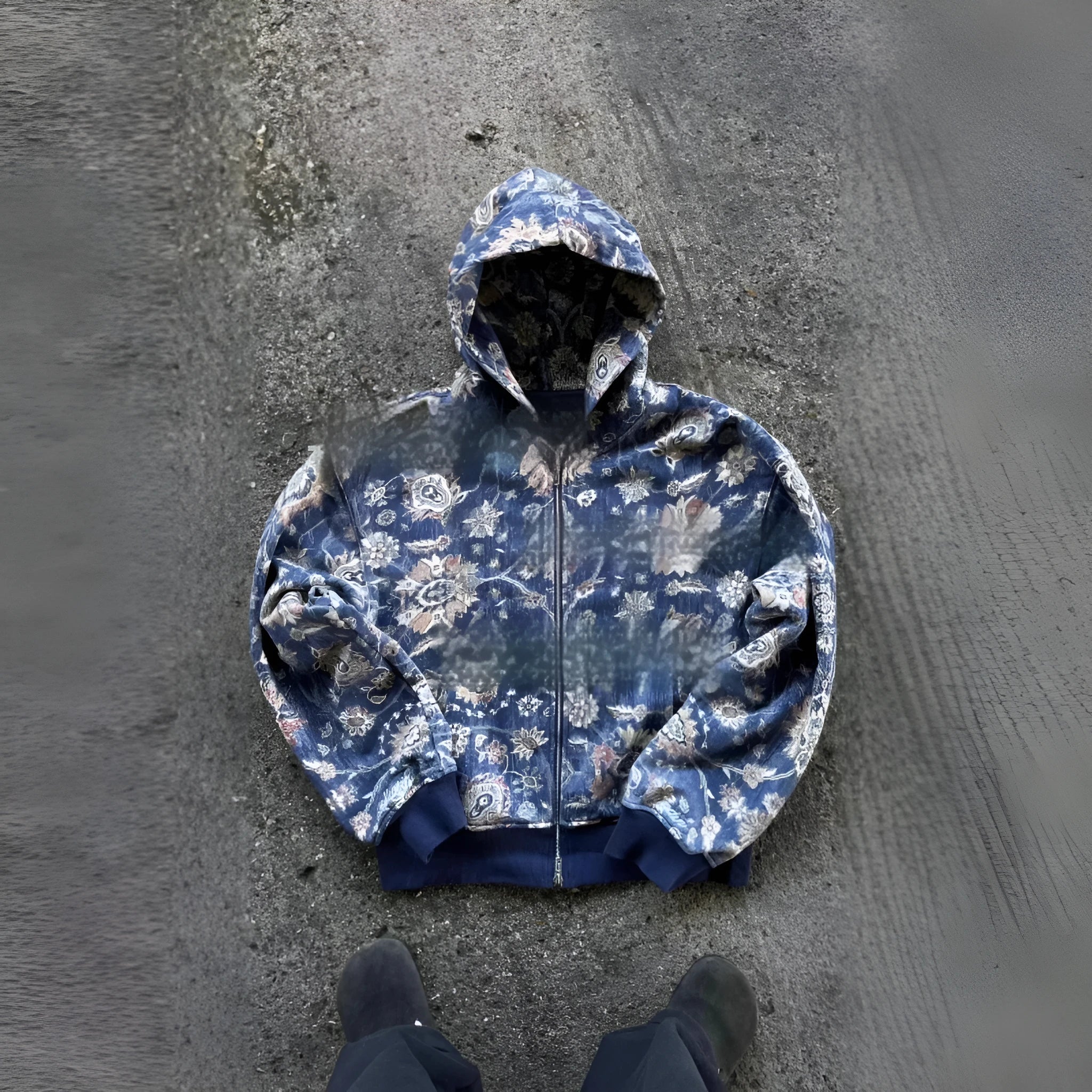 Man wearing a blue loose-fit hooded zip coat with long sleeves and digital printing.