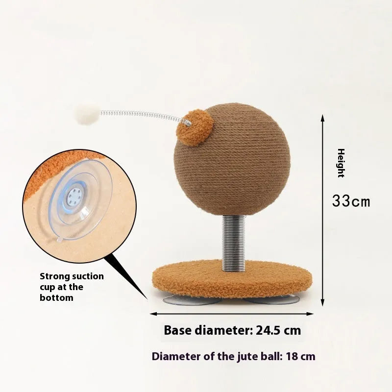 Hemp rope cat scratch board with interactive tumbler or grasping ball elements