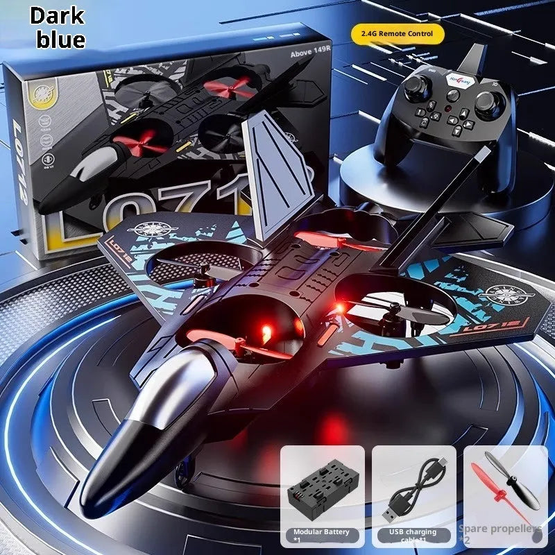Remote control fighter jet model toy in plastic with USB charging, shown in 8th Generation Blue or Gray with battery module options