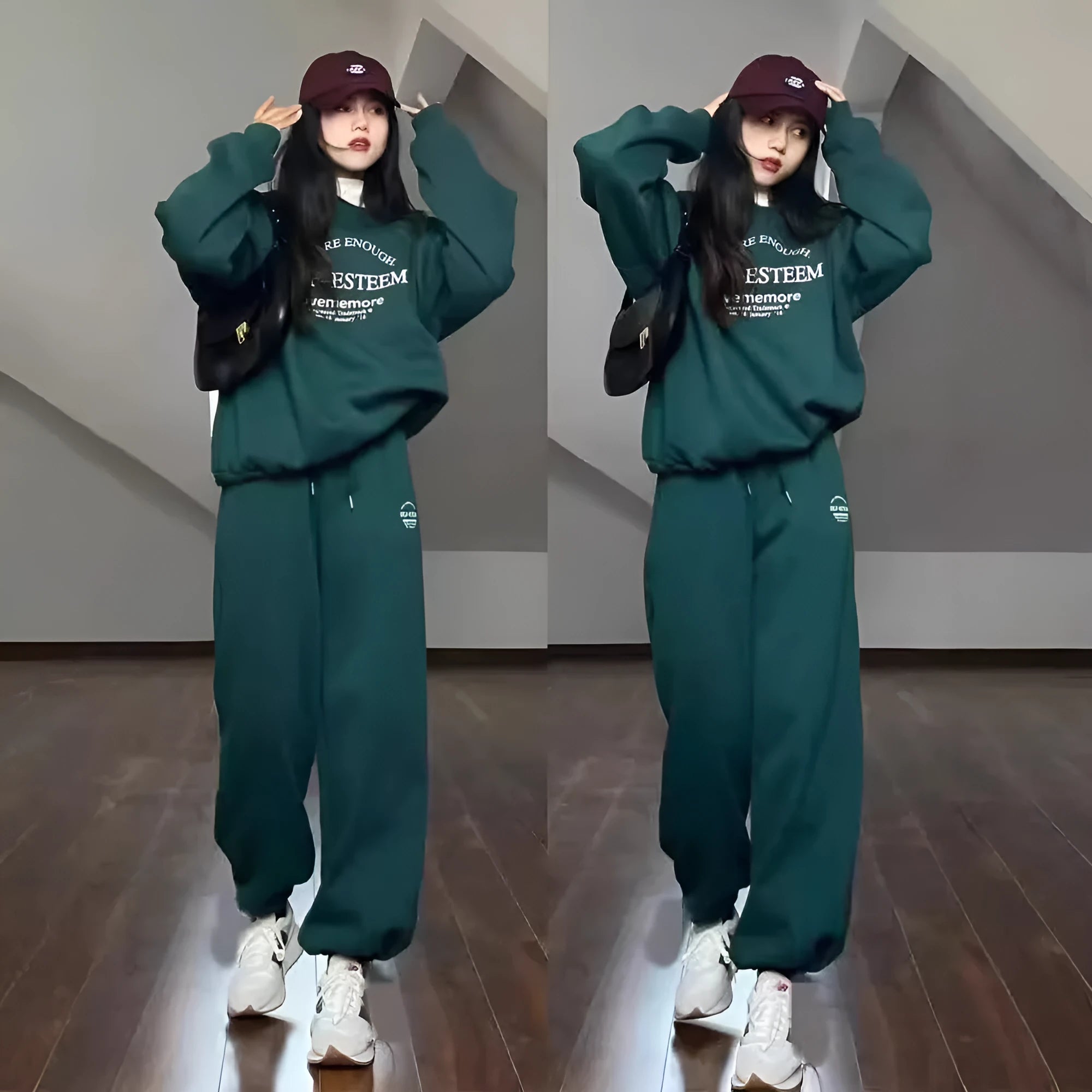 Women's cotton green American-style long-sleeved casual sportswear suit with trousers on a model