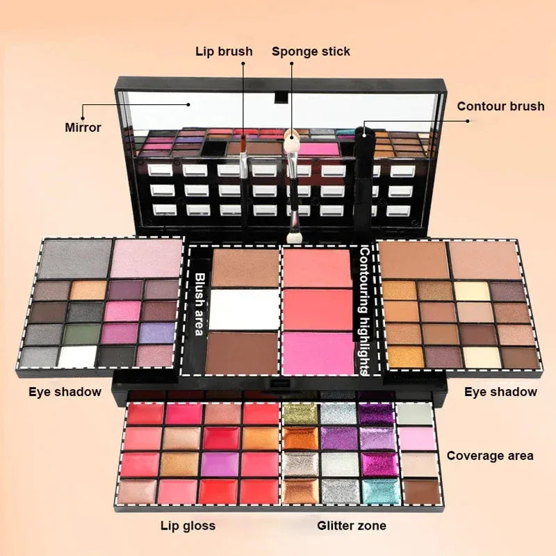 74 colour makeup palette open showing four layers of eyeshadow, lip gloss, blush and contour powders with included brushes.