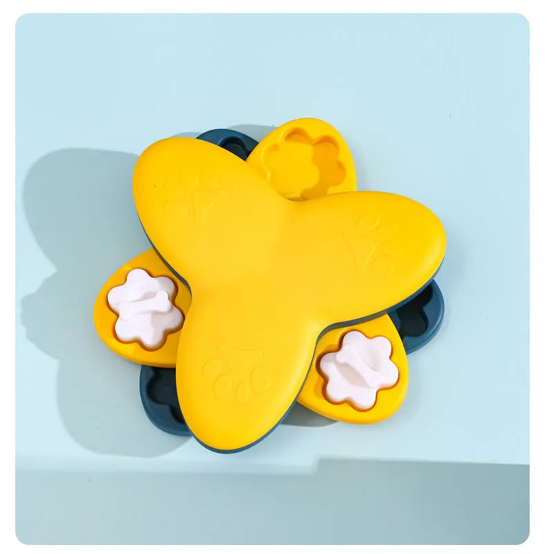 Green and yellow dog puzzle toy slow feeder with nine hidden treat compartments and bone covers
