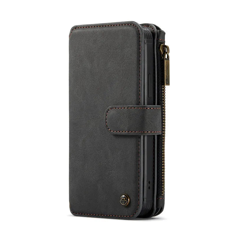 Imitation leather split flip case for Apple iPhone in black showing flip cover and machined finish