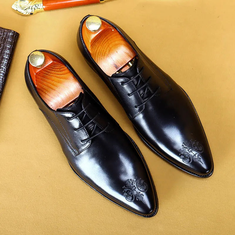Men's black leather pointed carved business formal shoes with low-top cowhide upper and rubber sole