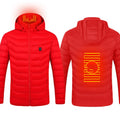 Men's USB heated jacket with detachable hood, shown in black, featuring zip-up front and elastic cuffs.