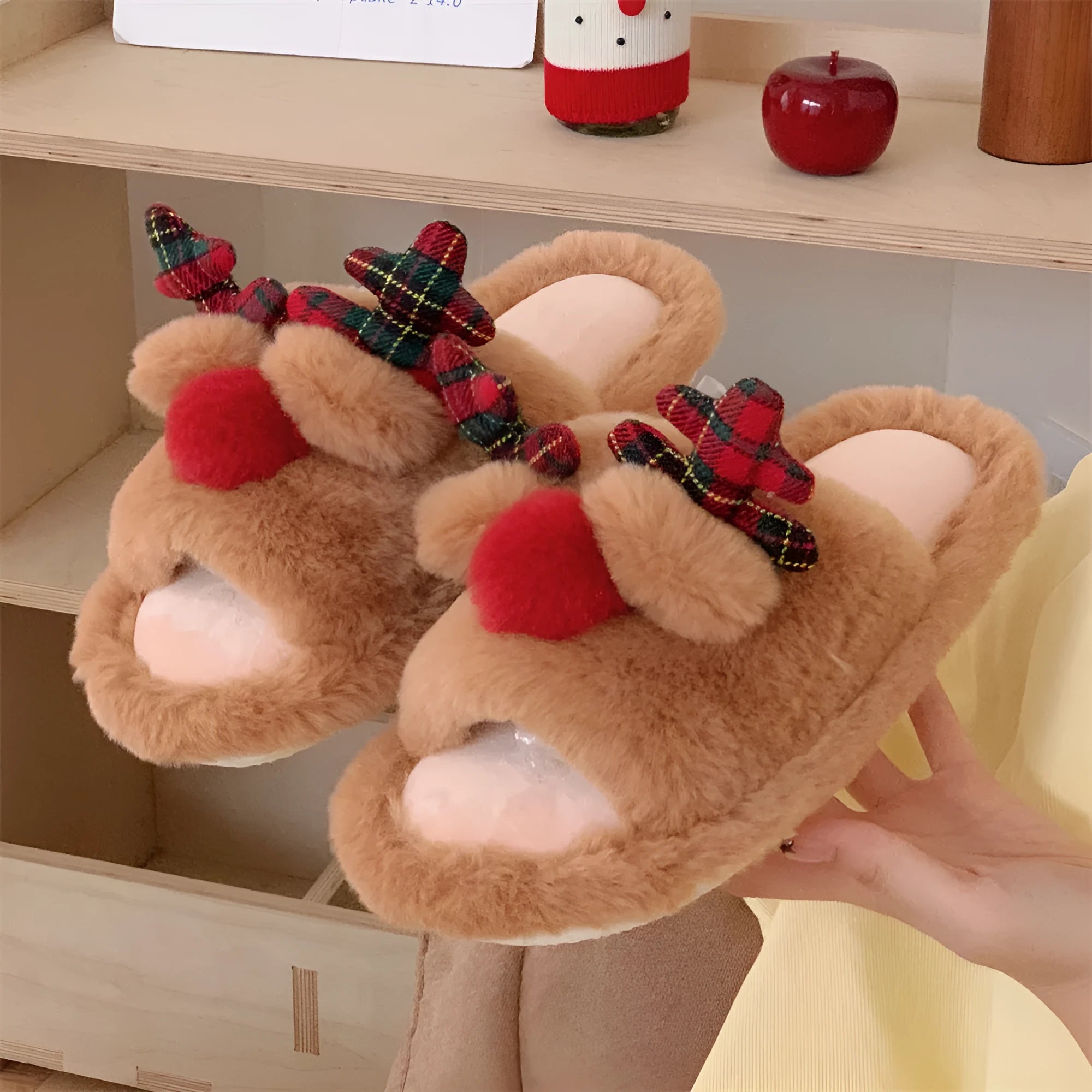 Brown women's indoor slippers with cartoon deer design, suede upper, and PVC sole