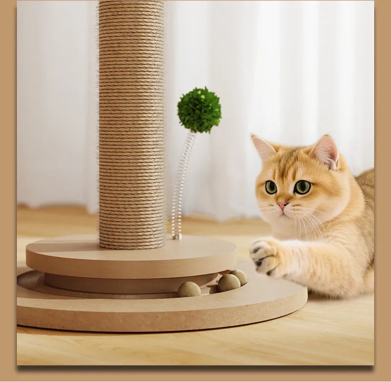 Vertical cat climbing frame with hemp rope wrapping and canna-coloured chamfered grab columns