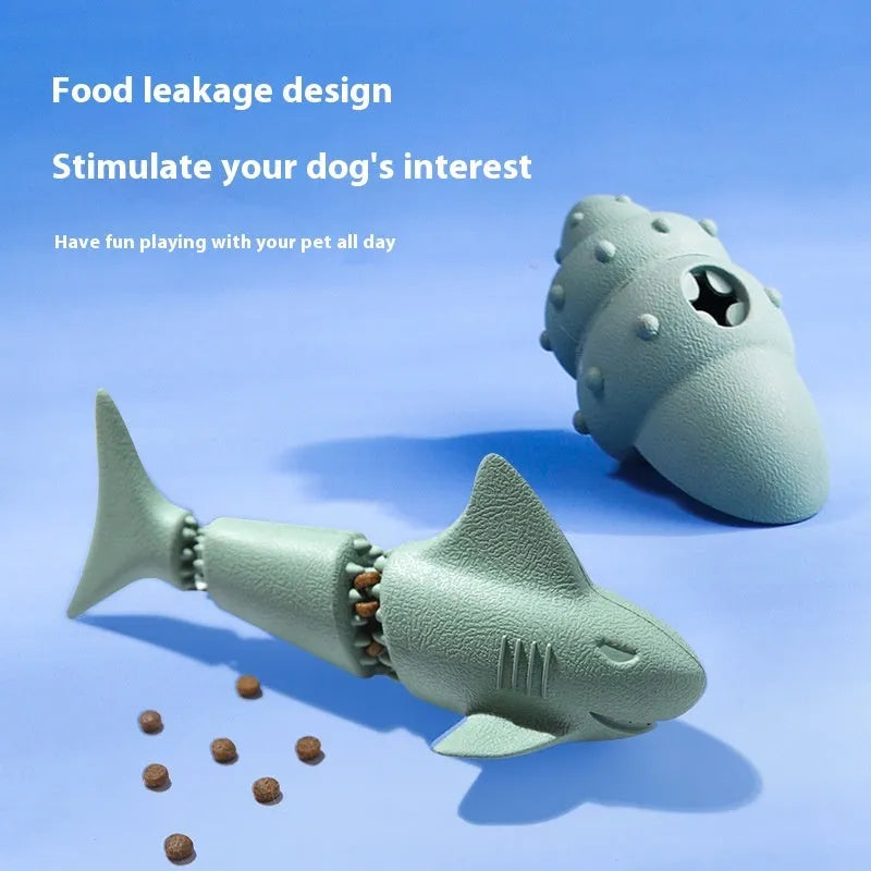 Deep sea shark rubber dog toy with raised fins in conch blue, green, starfish blue or green colours