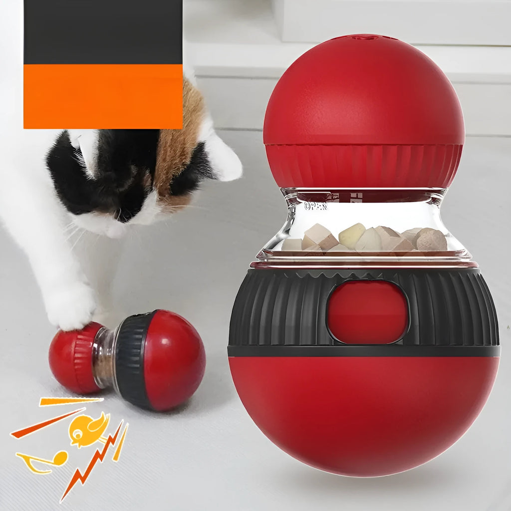 Colourful rotating cat toy with sound feature and food-dropping ball for pet play.