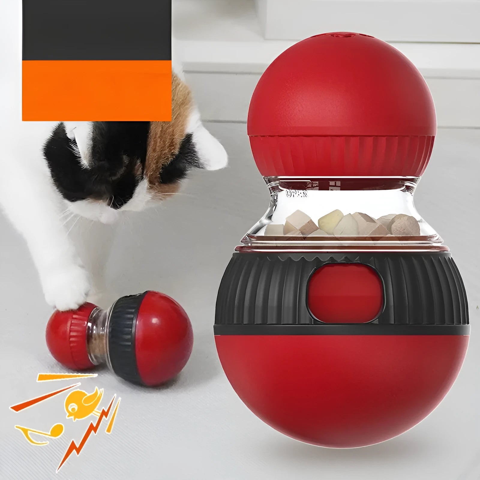 Colourful rotating cat toy with sound feature and food-dropping ball for pet play.