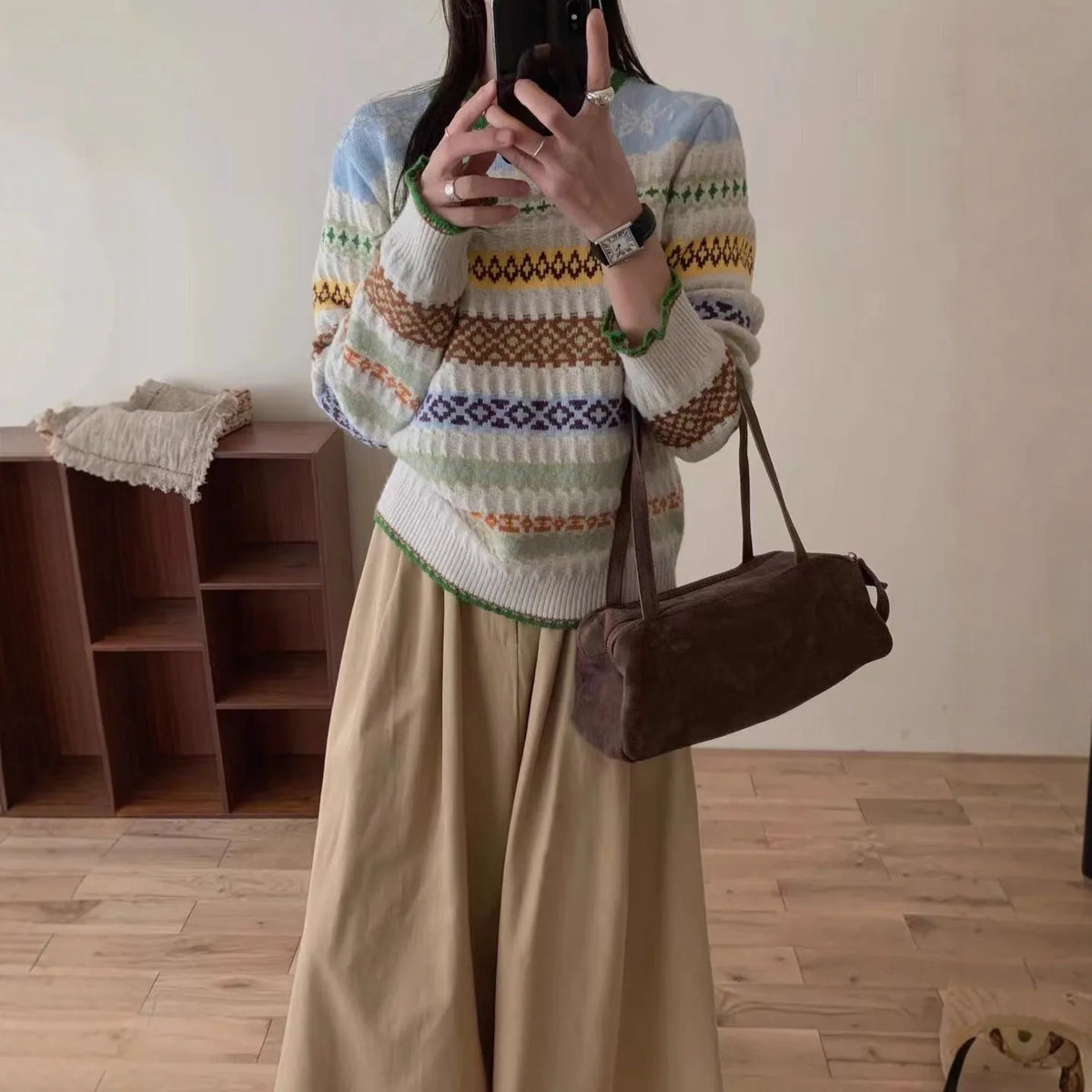 Women's loose jacquard knitted sweater pullover with retro art splicing in polyester cashmere blend