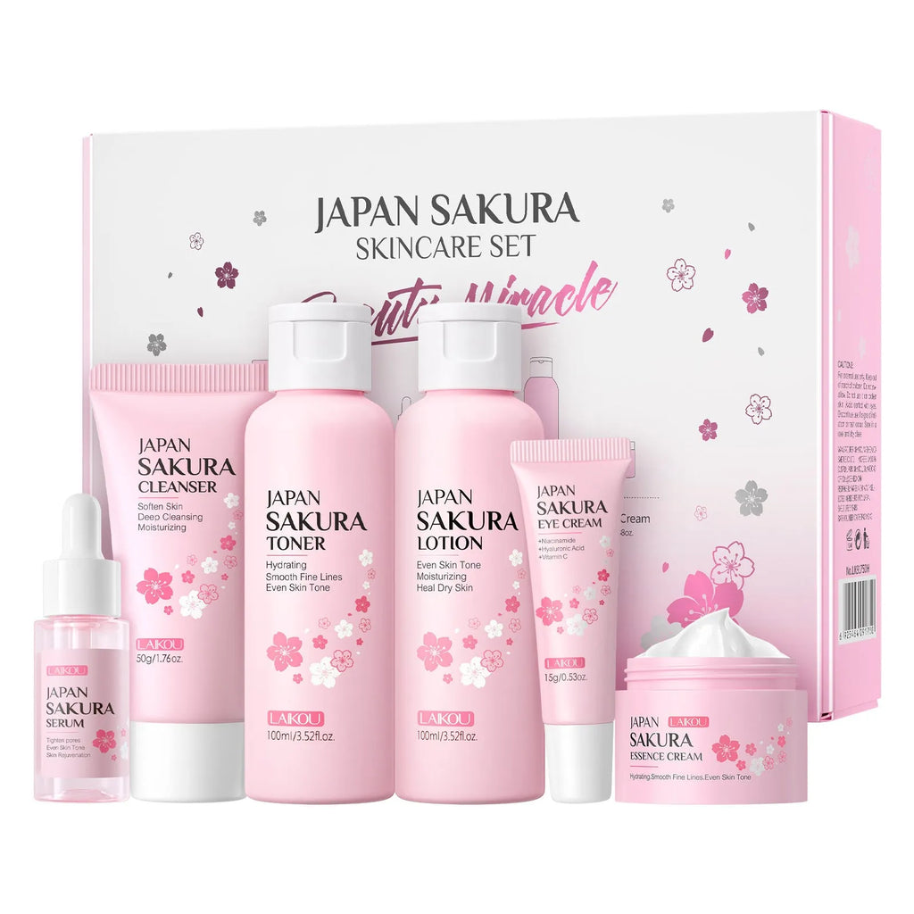 Cherry Blossom facial skincare 6-piece set showing cleanser, toner, creams and treatments