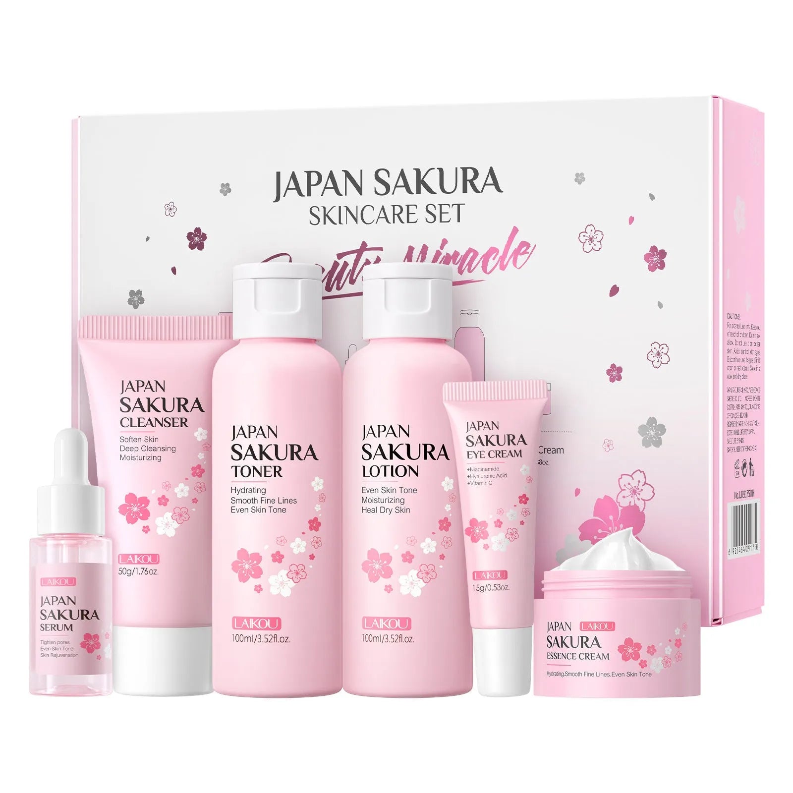 Cherry Blossom facial skincare 6-piece set showing cleanser, toner, creams and treatments