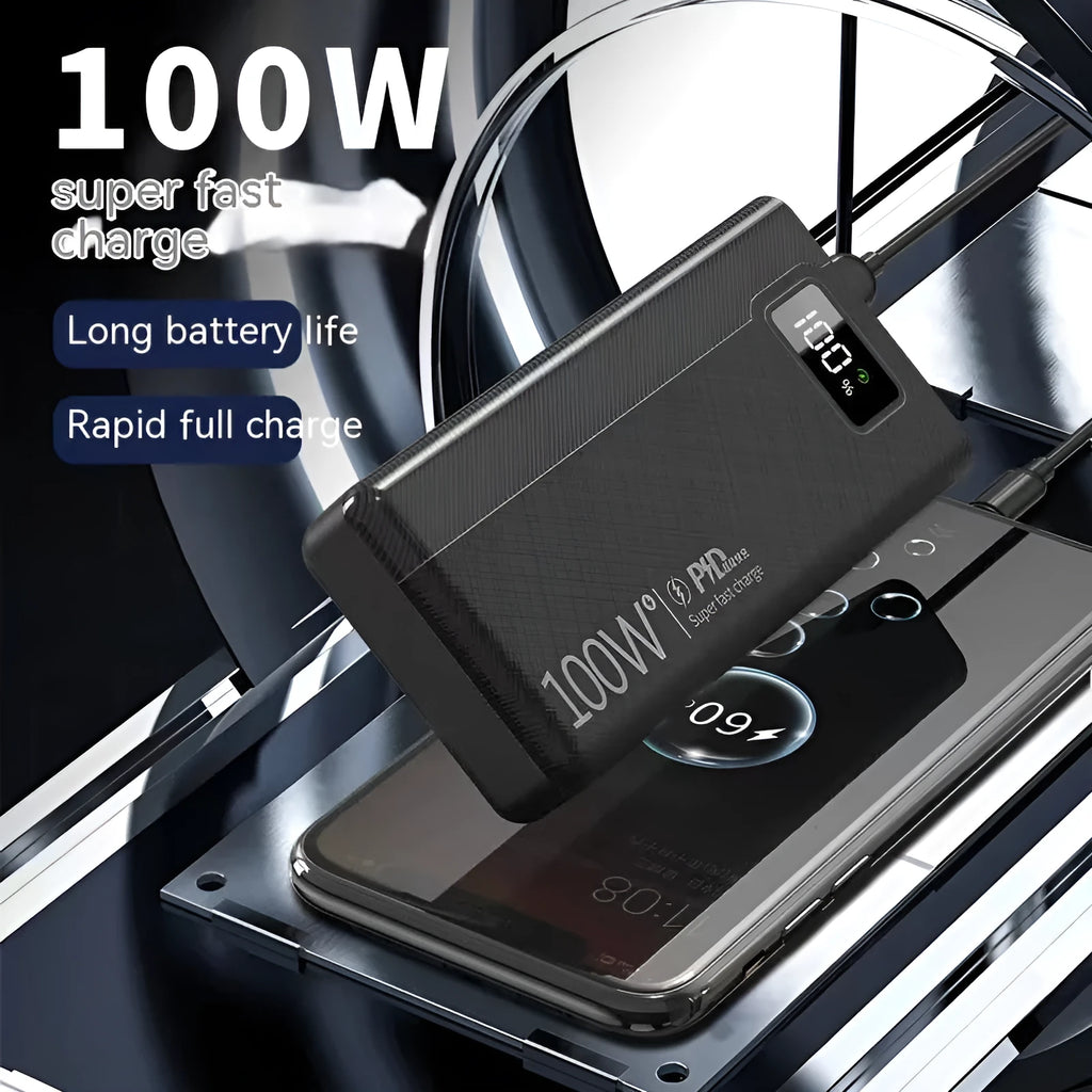 Large capacity power bank in black or white with plastic shell showing charging ports