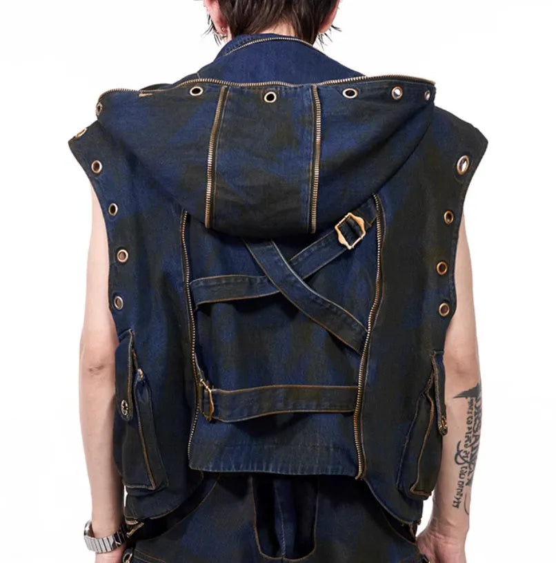 Blue Korean-style hooded denim vest coat with zipper front and matching trousers