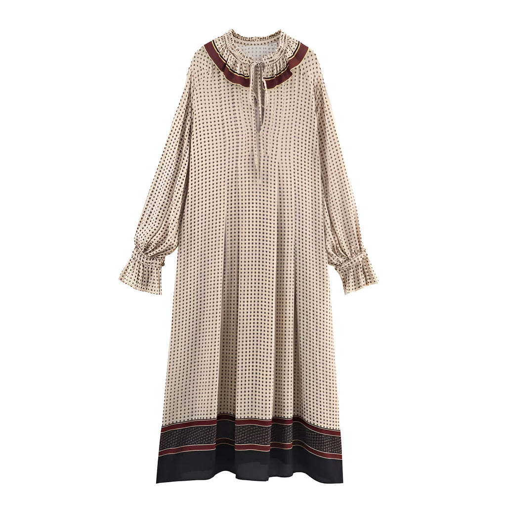 Women's cotton printed long dress with stripes and plaid in picture colour, loose mid-waist fit