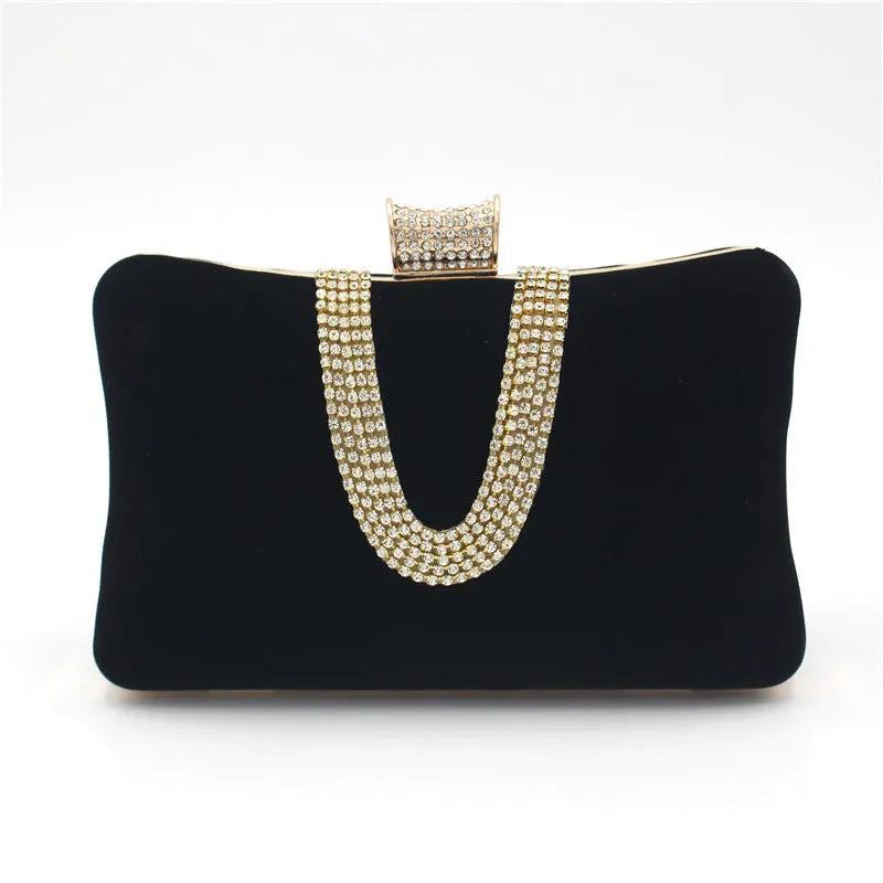 Suede U-shaped diamond evening bag in drill chain satin velvet, 20cm x 6cm x 12cm, single shoulder strap, banquet use