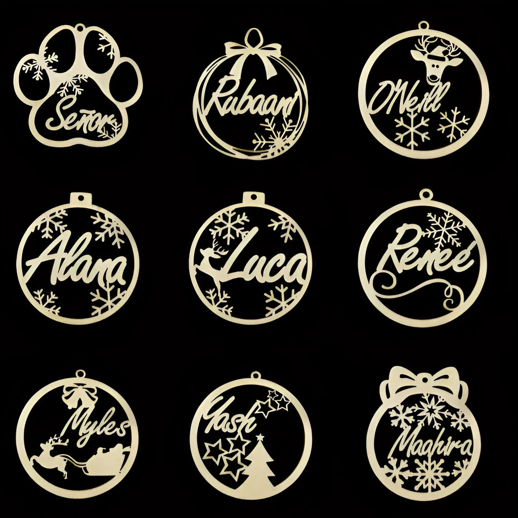 Hollow wooden Christmas tree decoration pendant with DIY carving space for name, American style, one of 11 design options