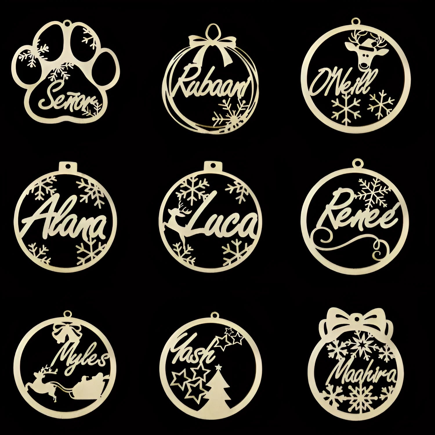 Hollow wooden Christmas tree decoration pendant with DIY carving space for name, American style, one of 11 design options
