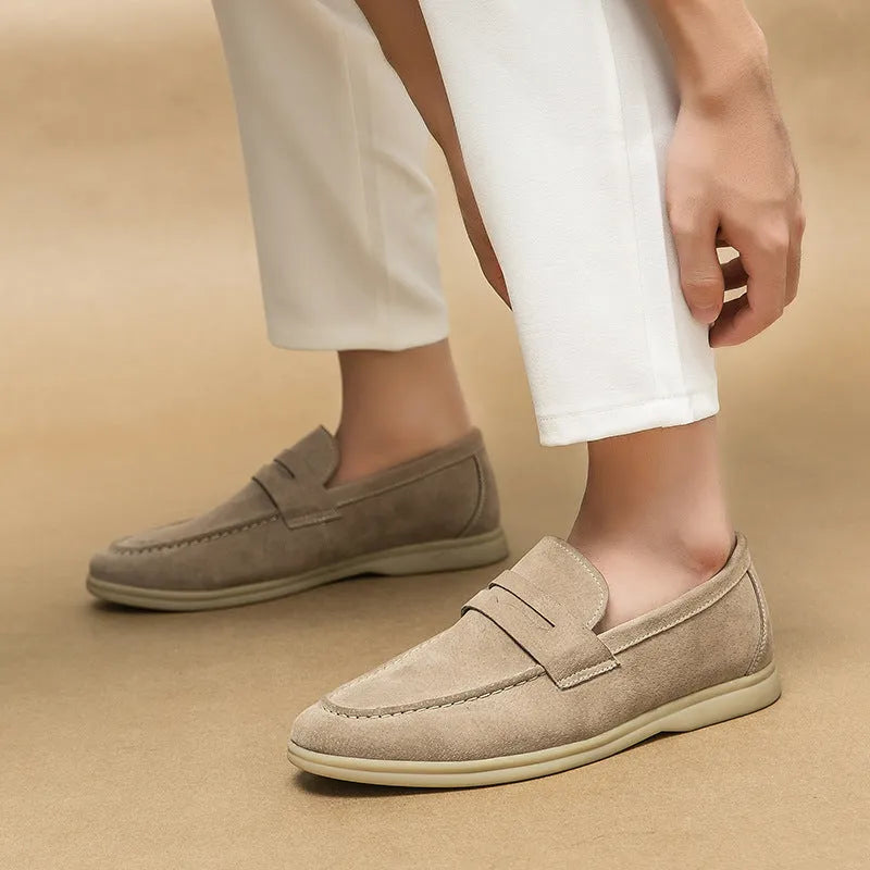 Men's beige, black, and khaki leather slip-on shoes with round toe and rubber sole