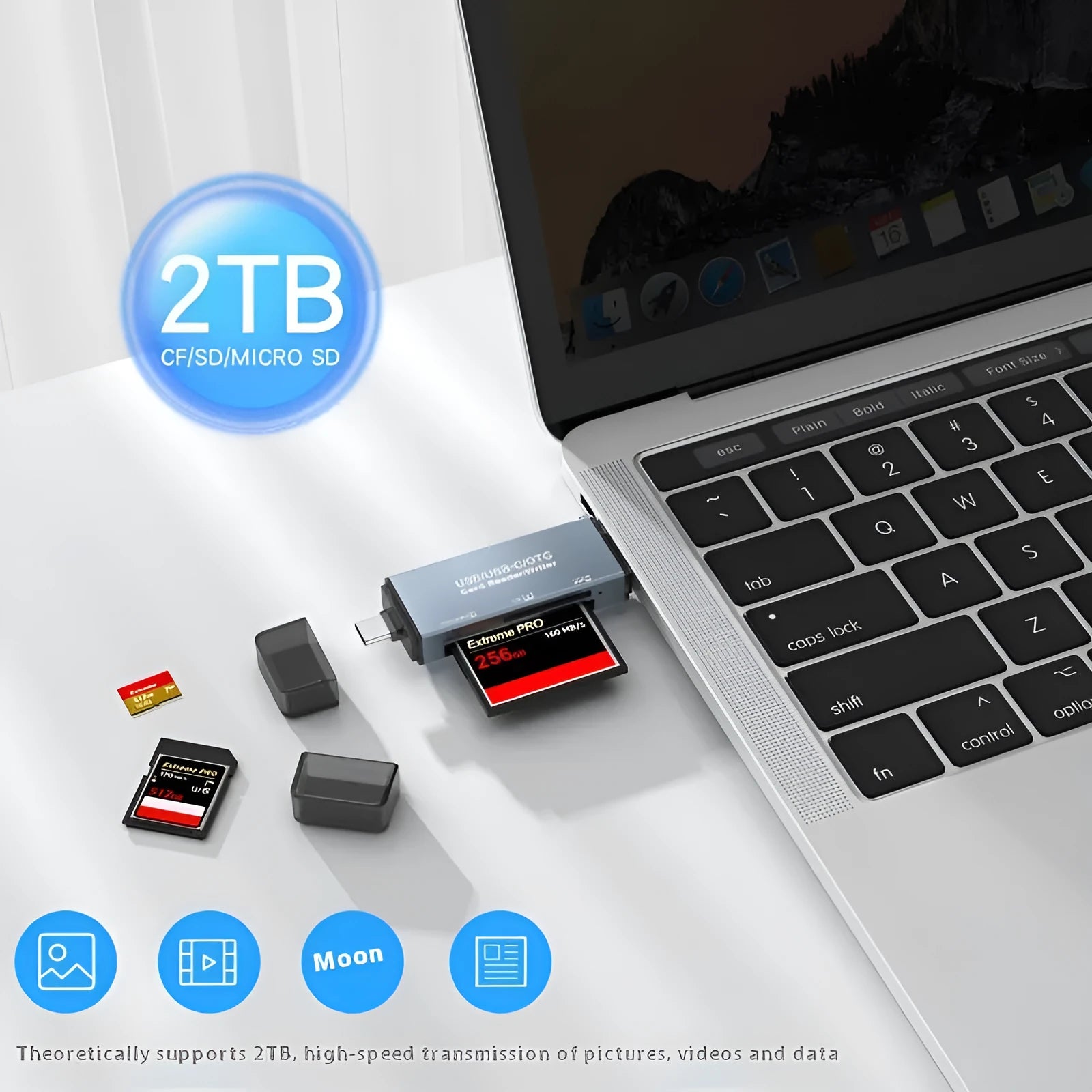 CF SD TF three-in-one card reader with aluminium alloy casing showing card slots and USB connector