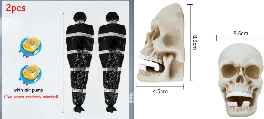Black fake body bag outdoor prop 150cm with inflatable human body, hemp rope, and rubber ring for Halloween horror decoration