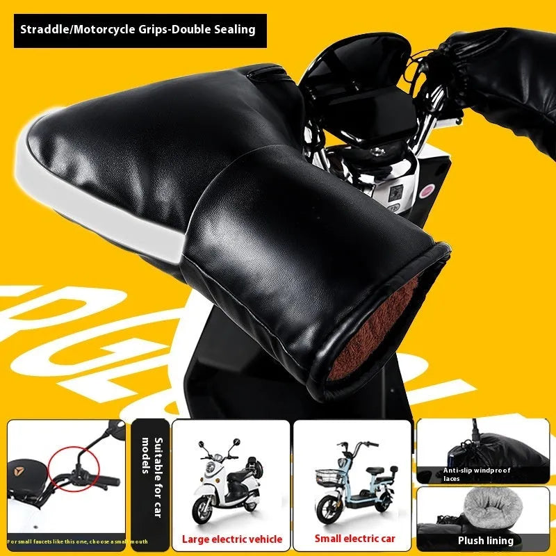 Electric motorcycle winter thermal waterproof handle grip gloves with fleece lining in gray reflective stripe style