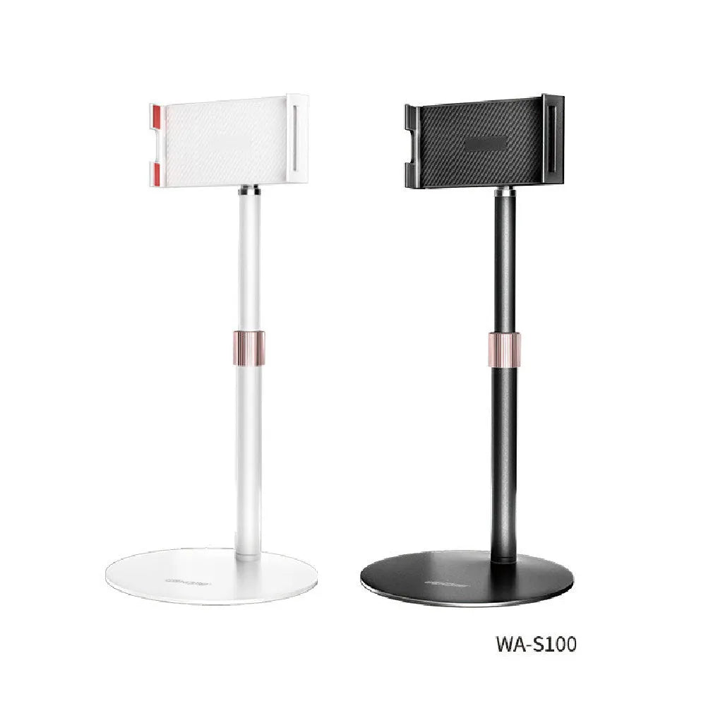 Black adjustable tablet bracket with extended 200mm arm holding an 11 inch tablet on a desk