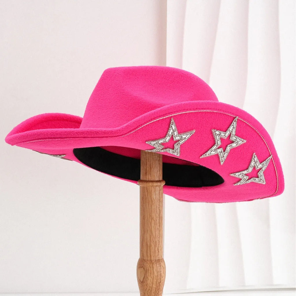 Western denim top hat with conical crown and hexagonal star decoration in polyester fabric