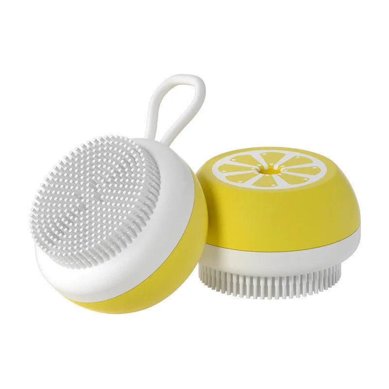 Yellow silicone pet bath brush showing massage head and combed grooming sides for dog and cat washing