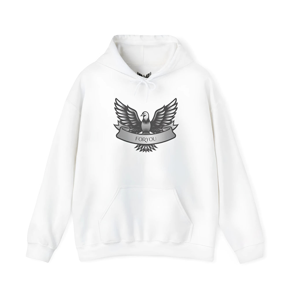 Man and woman wearing a solid white cotton blend hoodie with long sleeves and a hood.