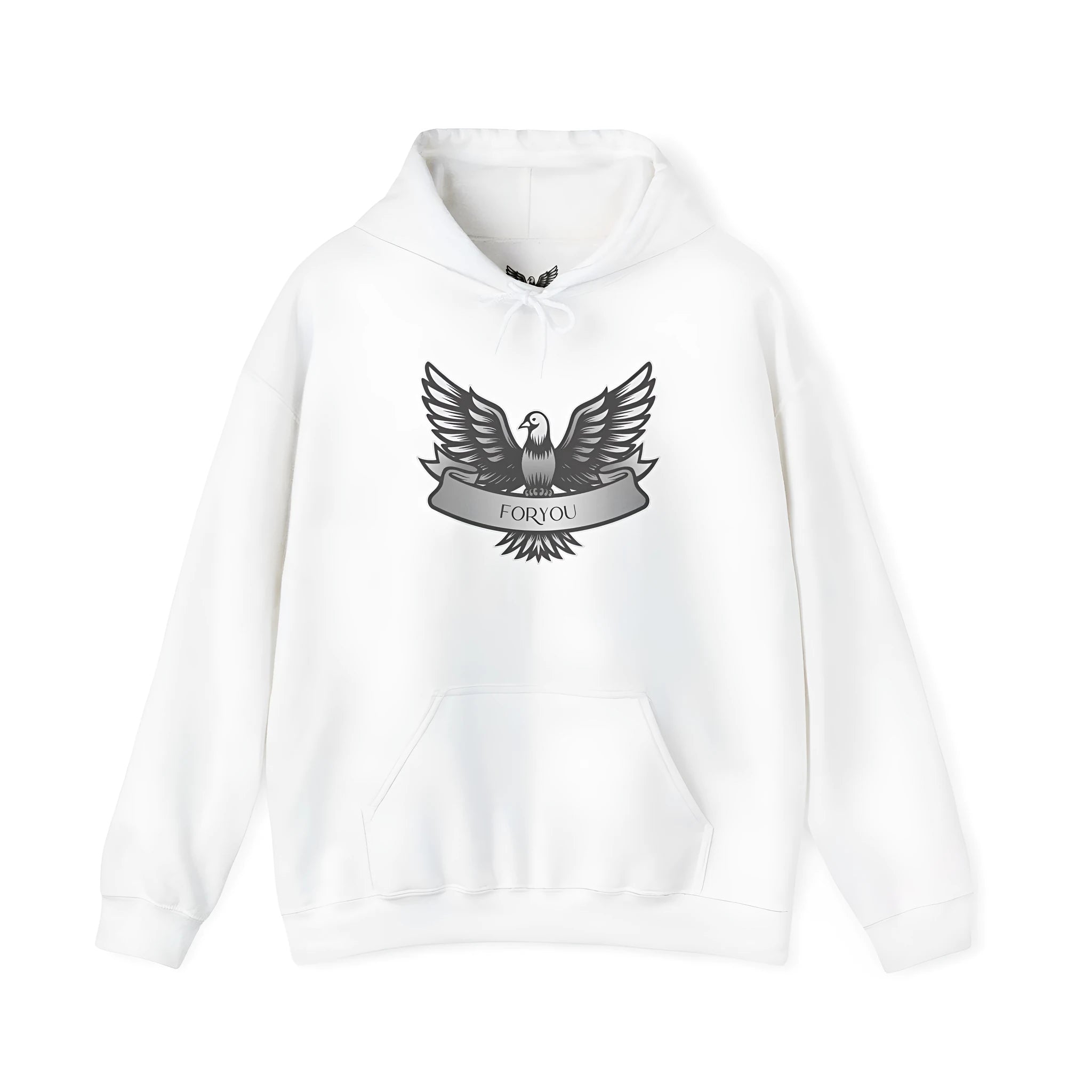 Man and woman wearing a solid white cotton blend hoodie with long sleeves and a hood.