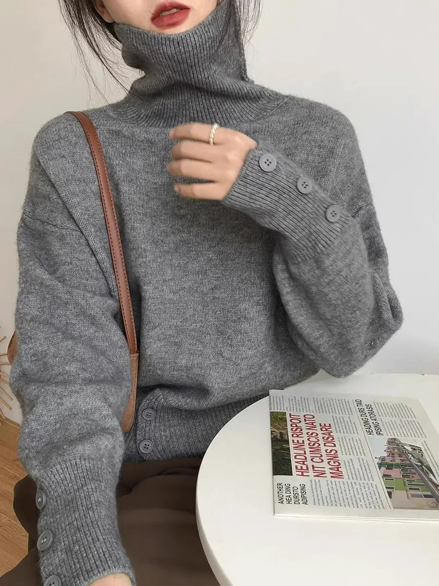 High waist button front knit sweater pullover in free size, available in seven colours including white, khaki, brown, green, gray, black and purple.