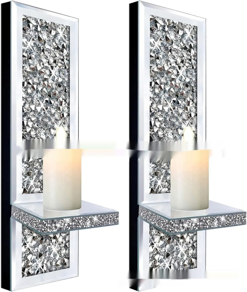 Silver mirror glass candle holder pair for wall hanging in living room, modern minimalist design