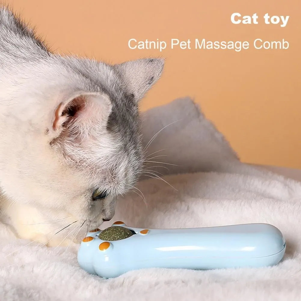 Cartoon design cat massage comb toy with catnip compartment and dangling elements for dental care