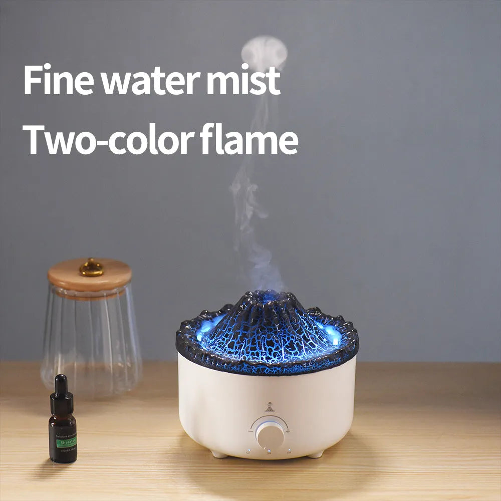 White columnar volcano humidifier with simulated flame lighting effect and remote control
