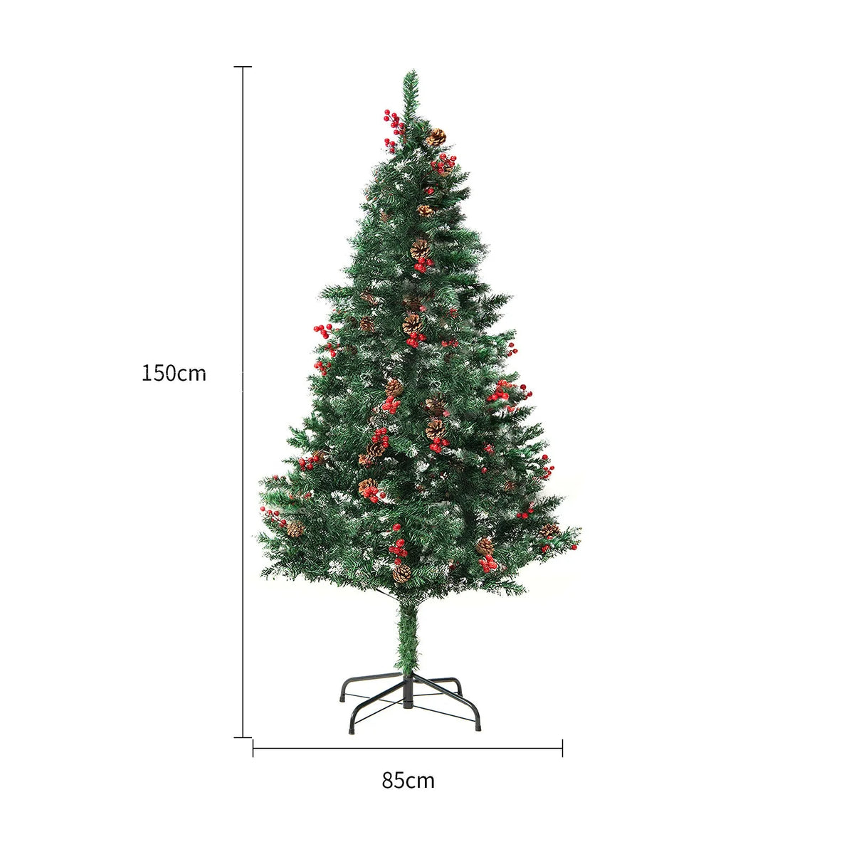 Green and white artificial PVC Christmas tree with snow effect and metal stand.