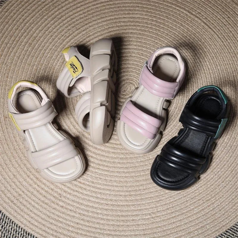 Open toe wedge sandals with non-slip rubber sole, microfiber upper, and Velcro strap in beige