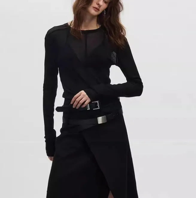 Black mesh texture slim-fit women's pullover top with long sleeves and round collar